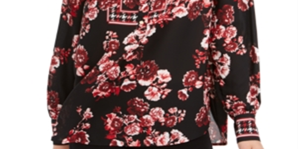 Charter Club Women's Mixed Print Henley Top Black Floral Size Petite L