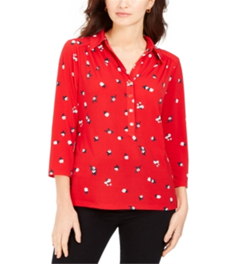 Charter Club Women's 3/4 Sleeve Printed Polo Top Red Size X-Small