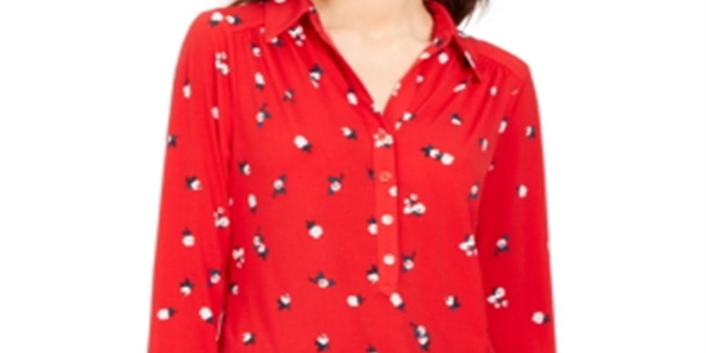 Charter Club Women's 3/4 Sleeve Printed Polo Top Red Size X-Small