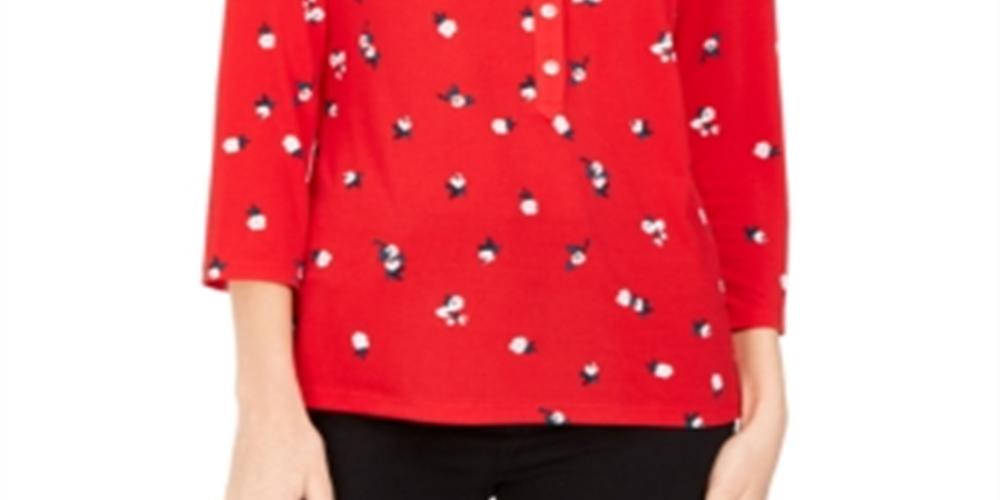 Charter Club Women's 3/4 Sleeve Printed Polo Top Red Size X-Small