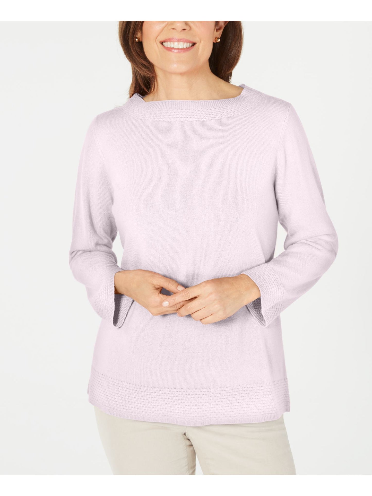 Karen Scott Women's Ribbed Printed Long Sleeve Crew Neck Blouse Top Pink Size Petite Small