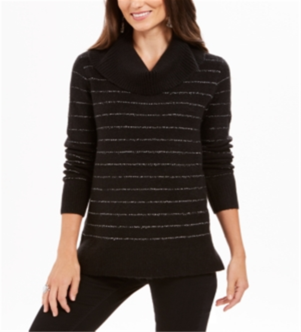 Style & Co Women's Metallic Striped Turtleneck Sweater Black Size Petite XL