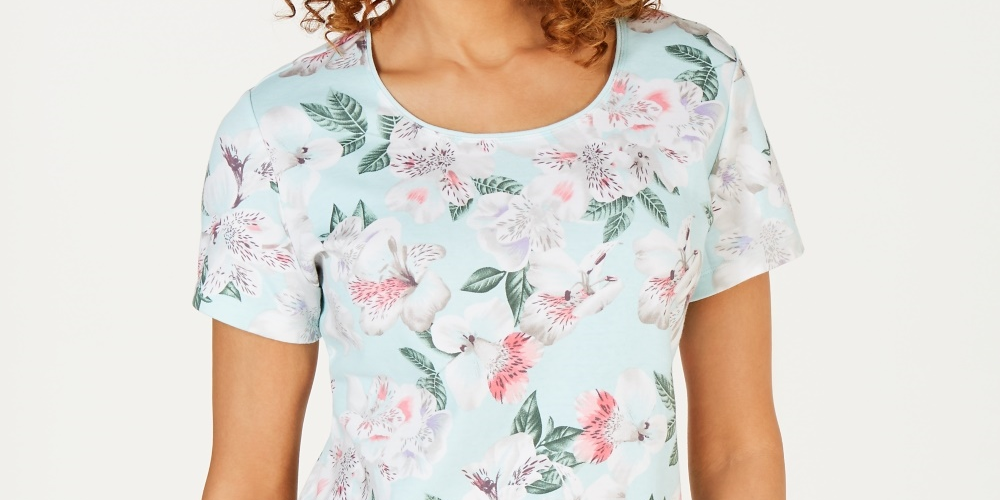 Karen Scott Women's Printed Scoop-Neck T-Shirt  Blue Size Medium
