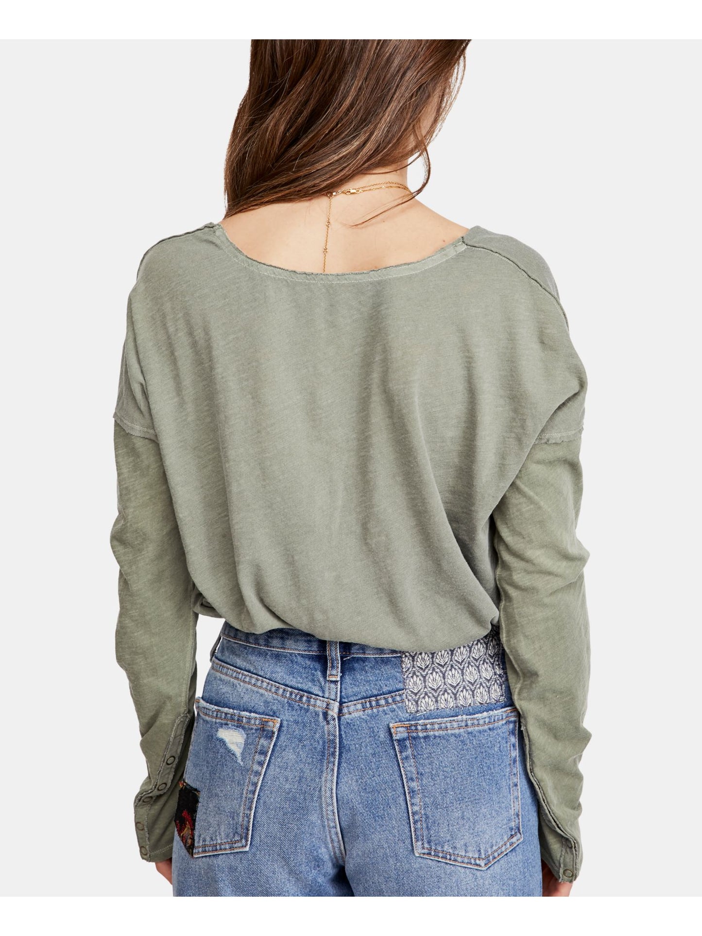 Free People Women's Scoop Neck Snap Detail Sienna T-Shirt Green Size Small