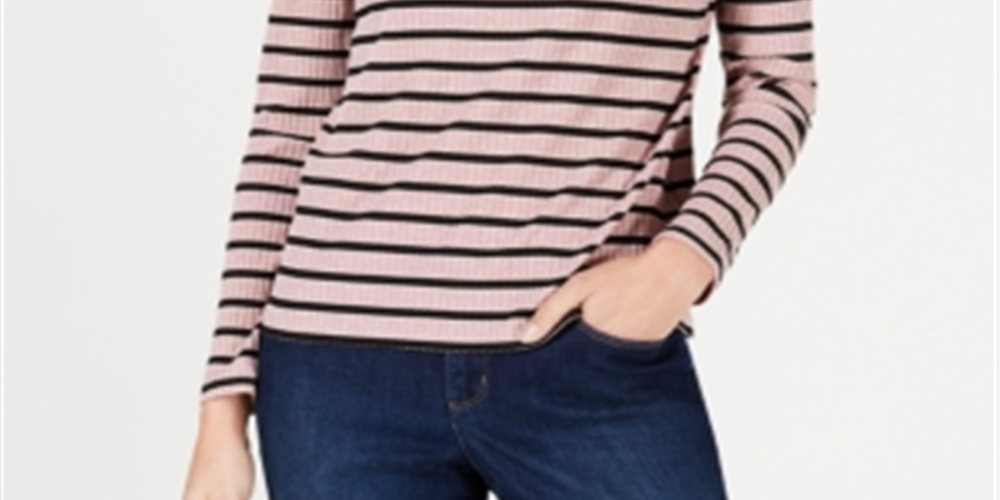 Charter Club Women's Striped Long Sleeve Turtle Neck Top Pink Size Petite Large