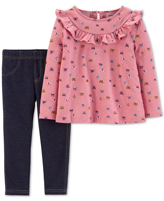 Carter's Toddler Girl's 2 Pc Butterfly Print Top & Denim Leggings Set Pink Size 4T