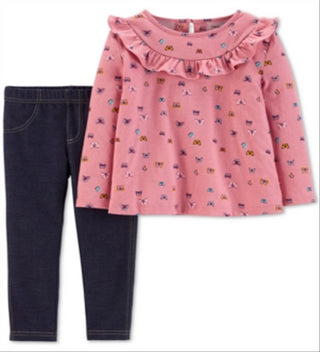 Carter's Toddler Girl's 2 Pc Butterfly Print Top & Denim Leggings Set Pink Size 4T