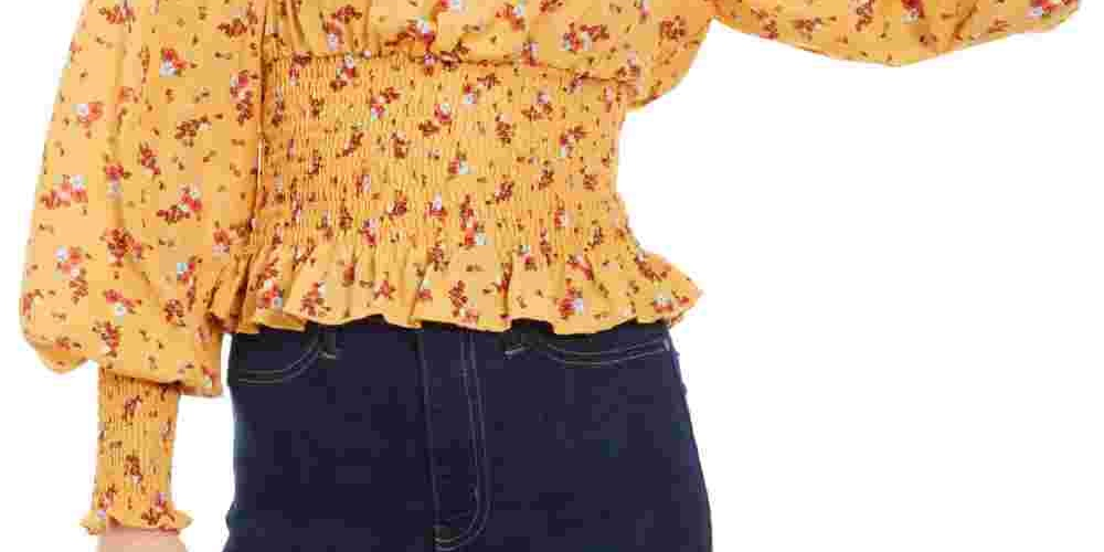 Ultra Flirt Junior's Smocked Waist Peasant Top Yellow Size Medium