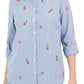 Charter Club Women's Cotton Embroidered Striped Shirt Blue -White Size Petite S