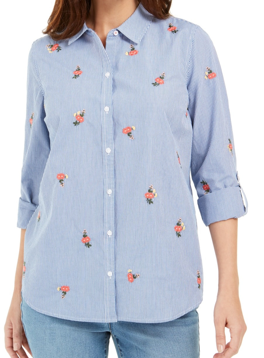 Charter Club Women's Cotton Embroidered Striped Shirt Blue -White Size Petite S