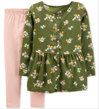 Carter's Little & Big Girl's 2 Pc Floral Print Tunic & Leggings Set Green- Size 5