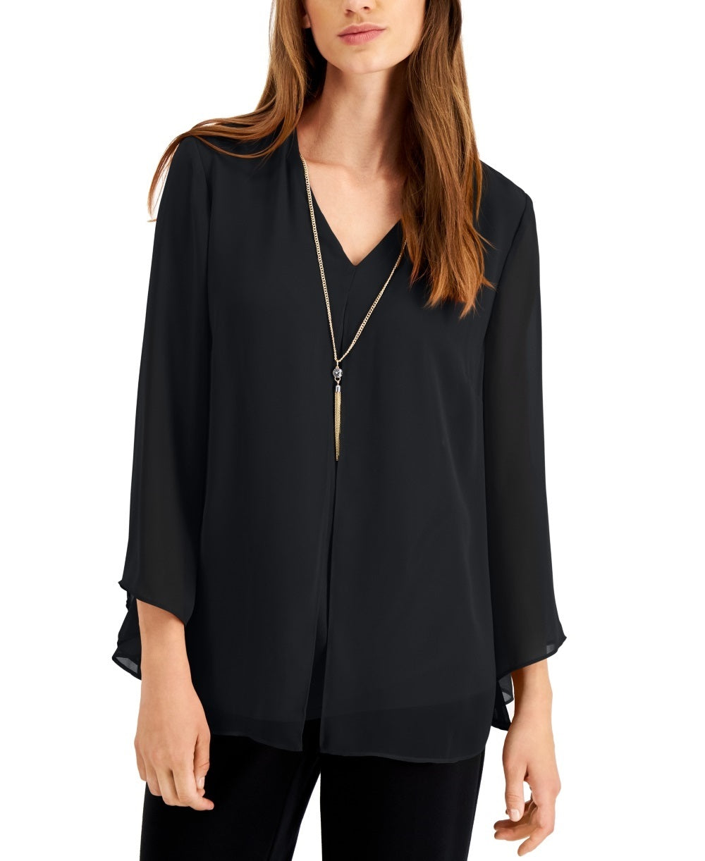 JM Collection Women's Solid V-Neck Necklace Top  Black Size Small