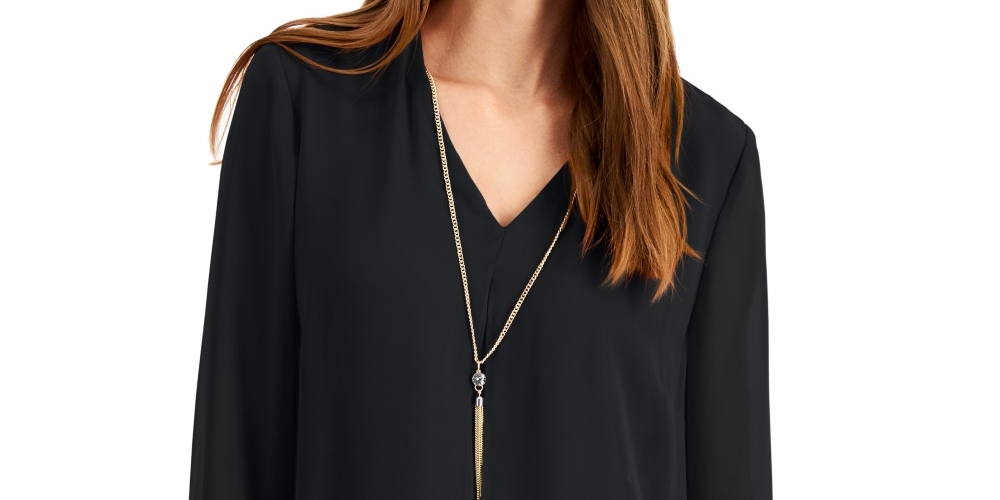 JM Collection Women's Solid V-Neck Necklace Top  Black Size Small