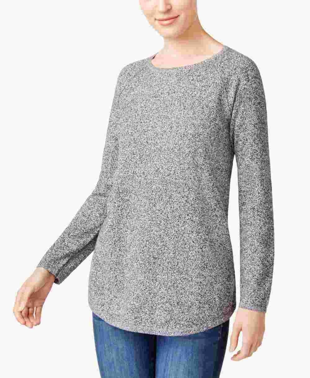 Karen Scott Women's Petite Cotton Curved-Hem Sweater White Size PM