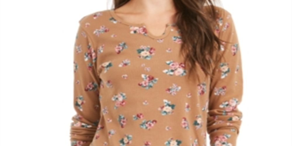 Style & Co Women's Printed Cotton Thermal Top Mocha/Floral Size PP