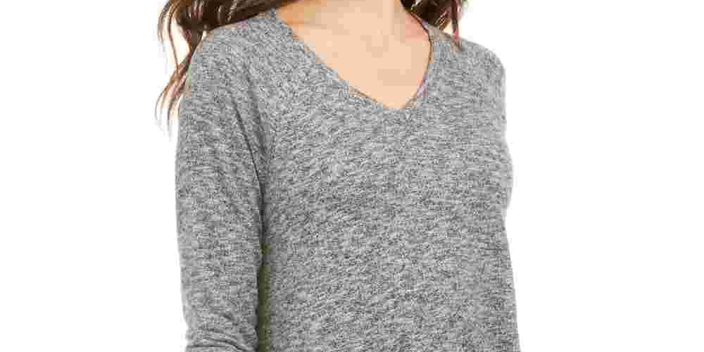 Style & Co Women's Marled-Knit V-Neck Top  Black Size Medium