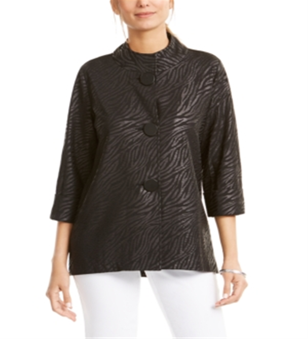 JM Collection Women's Petite Printed 3/4 Sleeve Jacket Black Jungle Size Petite L