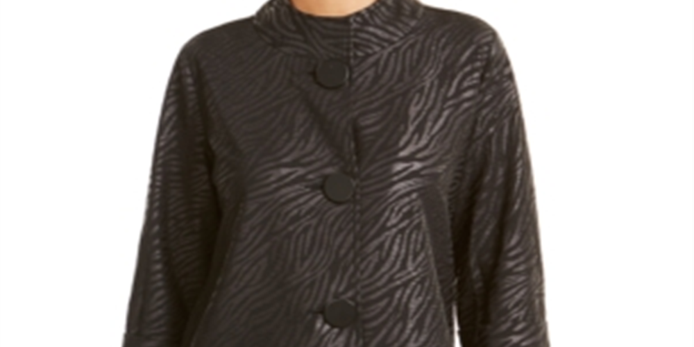 JM Collection Women's Petite Printed 3/4 Sleeve Jacket Black Jungle Size Petite L