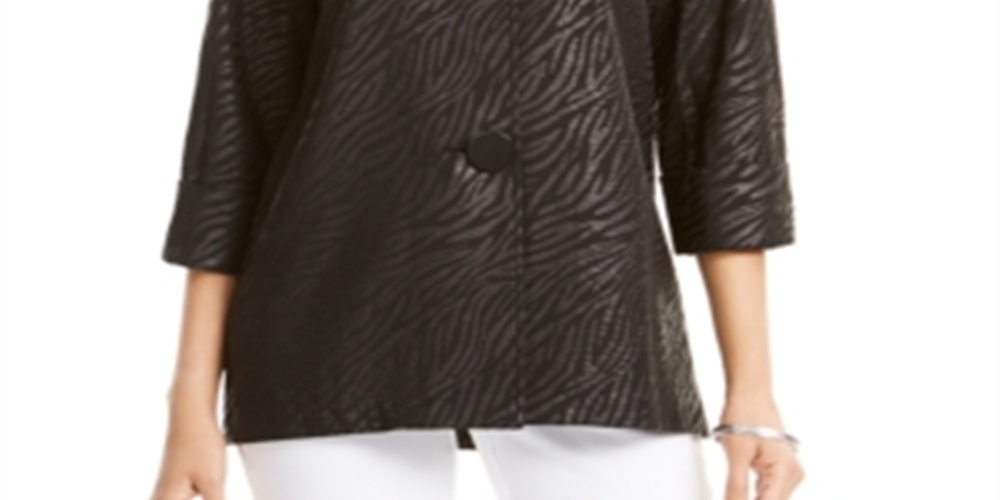 JM Collection Women's Petite Printed 3/4 Sleeve Jacket Black Jungle Size Petite L