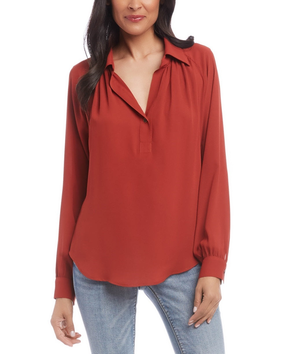 Karen Kane Women's Split-Neck Blouse Rustcopper Size X-Large