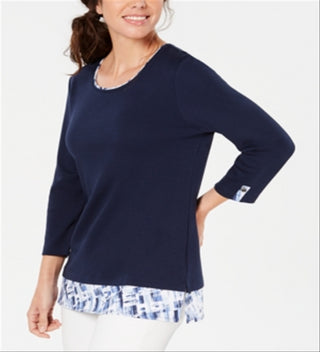 Karen Scott Women's Printed Trim Top Blue Size Petite S