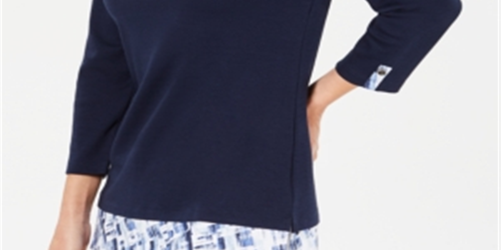 Karen Scott Women's Printed Trim Top Blue Size Petite S