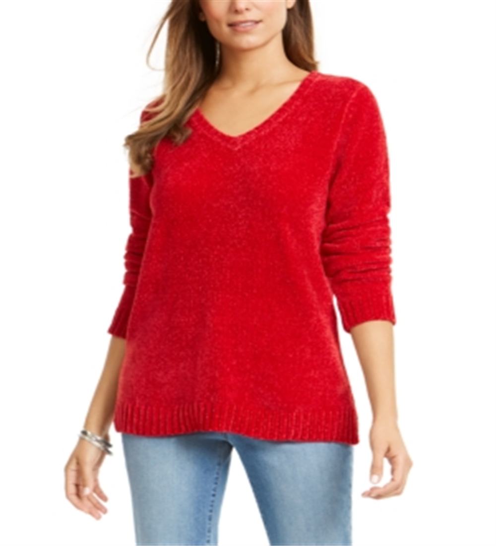 Karen Scott Women's V Neck Chenille Sweater Red Size Petite Small