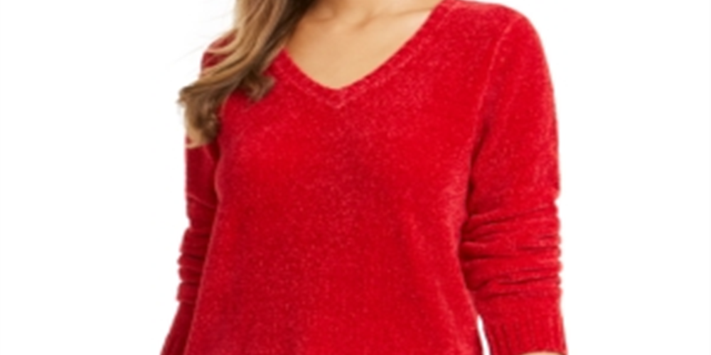 Karen Scott Women's V Neck Chenille Sweater Red Size Petite Small