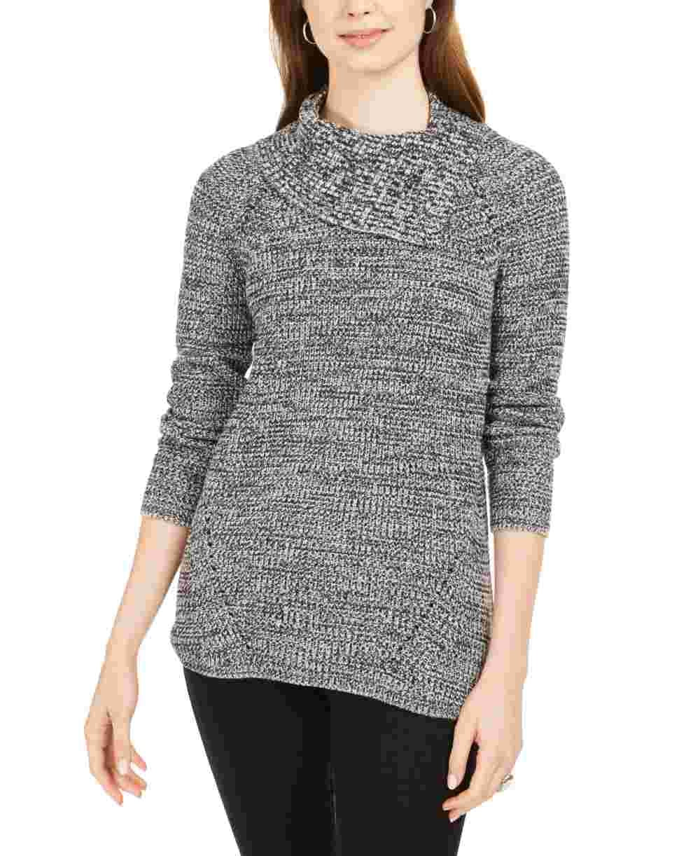 Style & Co Women's Herringbone Long Sleeve Turtle Neck Blouse Sweater Black Size Petite Medium