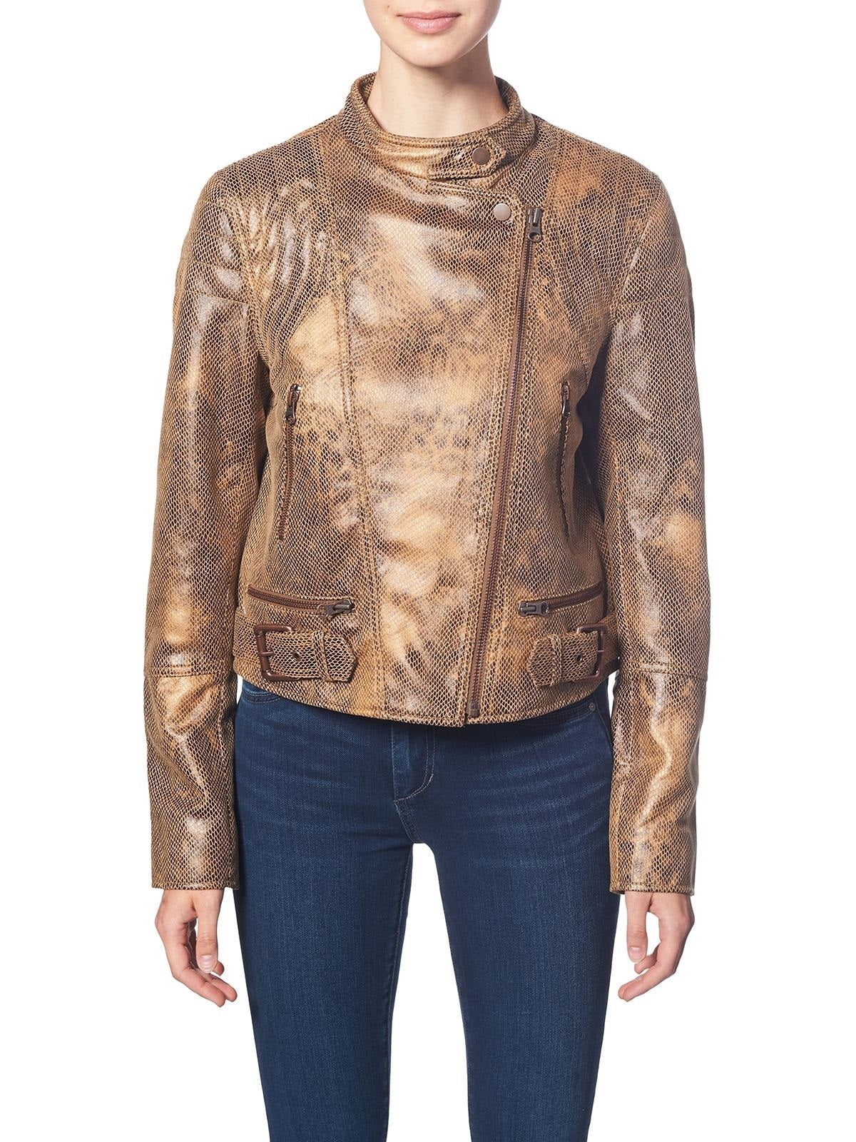 We The Free Women's Snake Skin Fenix Vegan Faux Leather Snake Print Moto Coat Brown Size Small