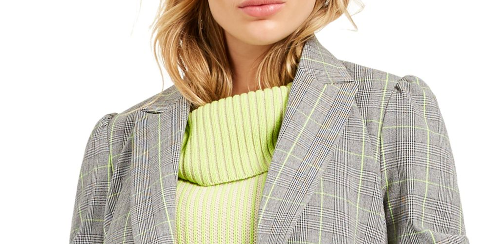 Bar III Women's Double Breasted Plaid Blazer Wear to Work Jacket Gray Size Medium