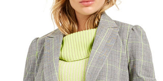 Bar III Women's Double Breasted Plaid Blazer Wear to Work Jacket Gray Size Medium