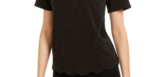 Monteau Women's Petite Scalloped-Hem Metallic Top Black Size X-Large