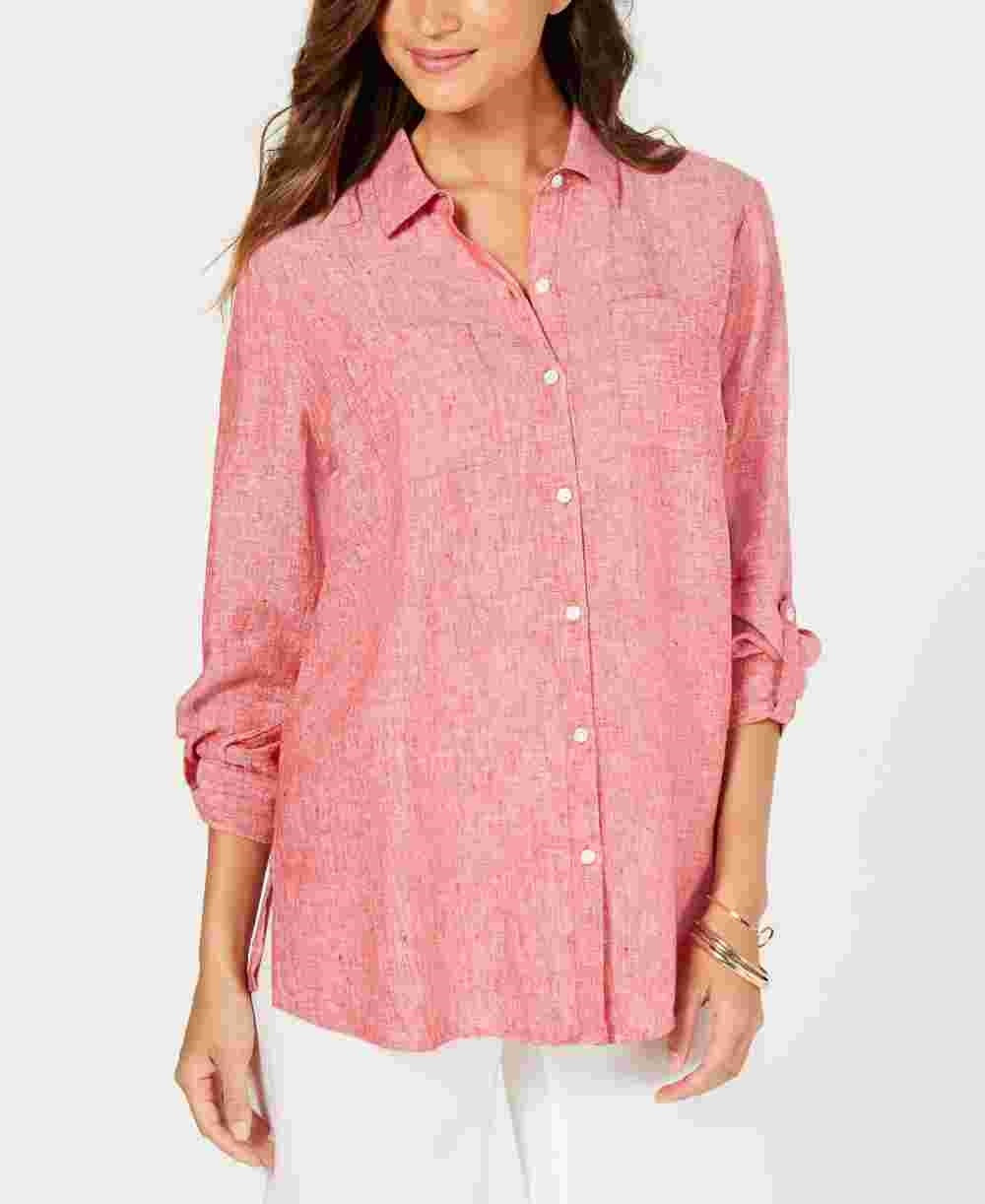 Charter Club Women's Linen Utility Shirt  Red Size XX-Large