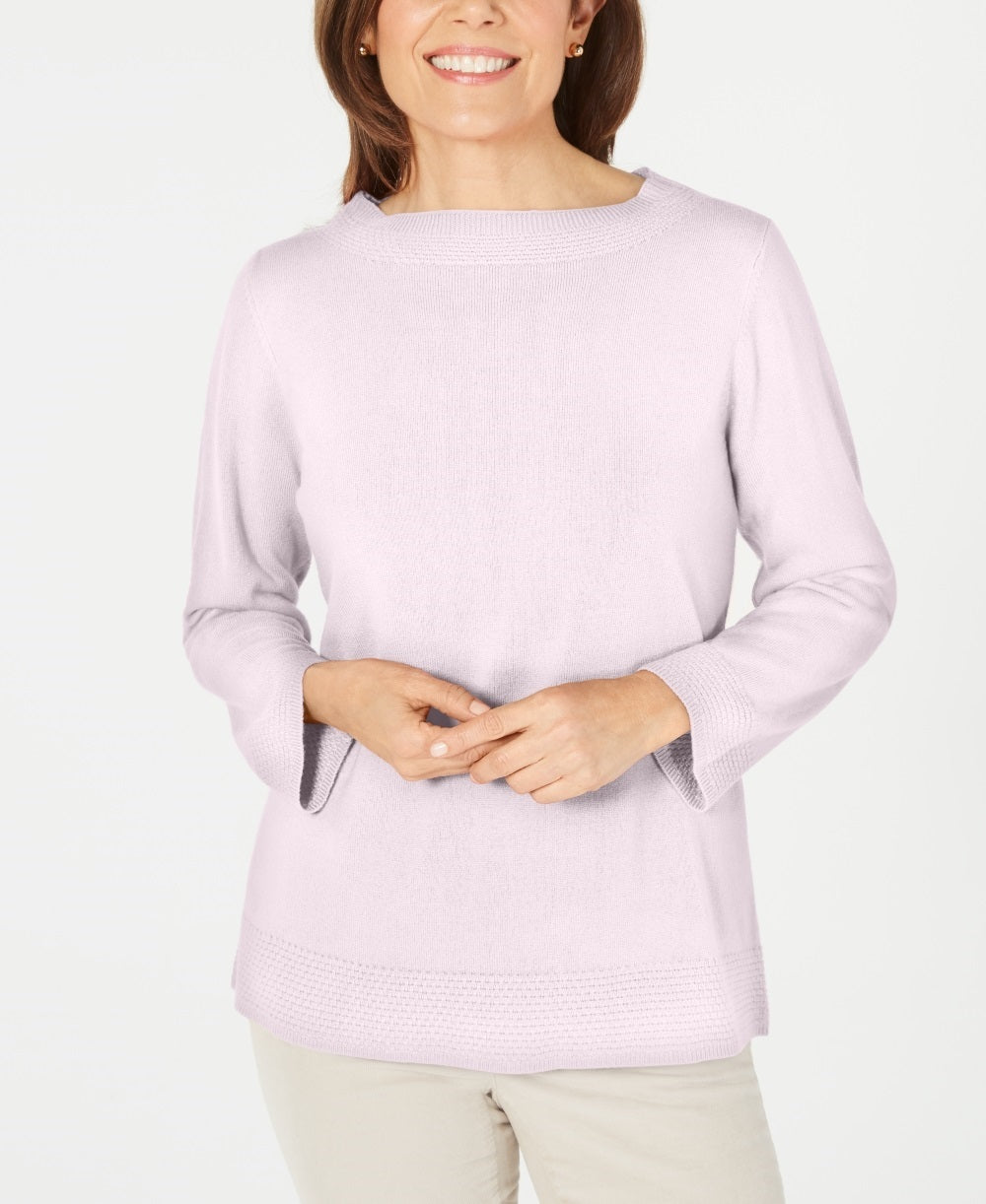 Karen Scott Women's Ribbed Printed Long Sleeve Crew Neck Blouse Top Pink Size Petite Medium