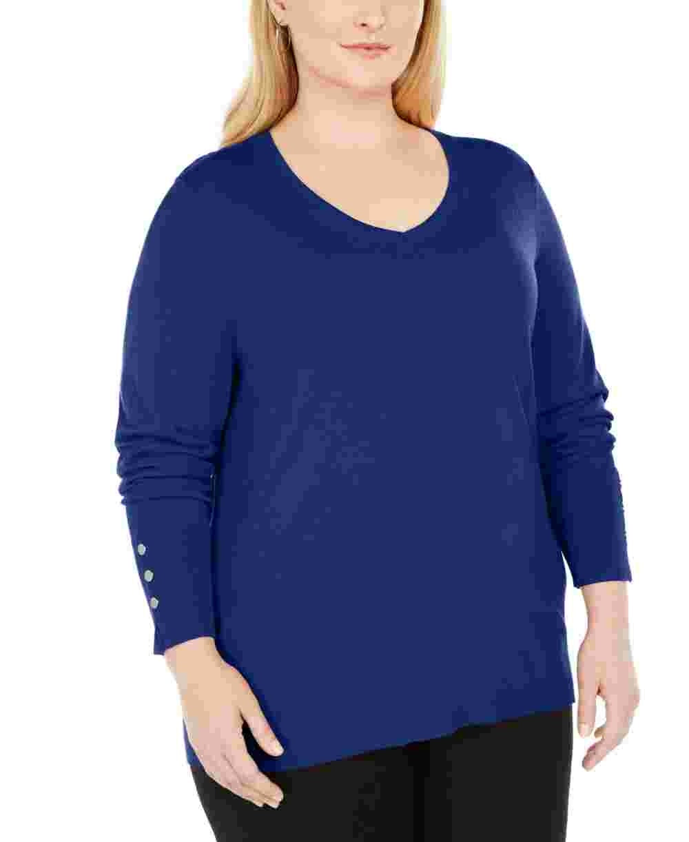 JM Collection Women's Solid Long Sleeve Scoop Neck T-Shirt Top Blue Size 1X