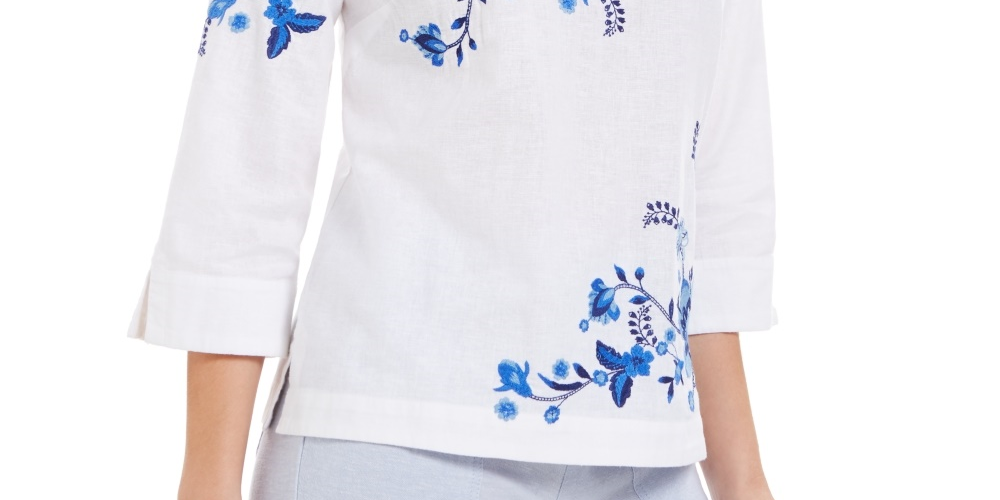 Charter Club Women's Embroidered Split-Sleeve Top Blue Size Small