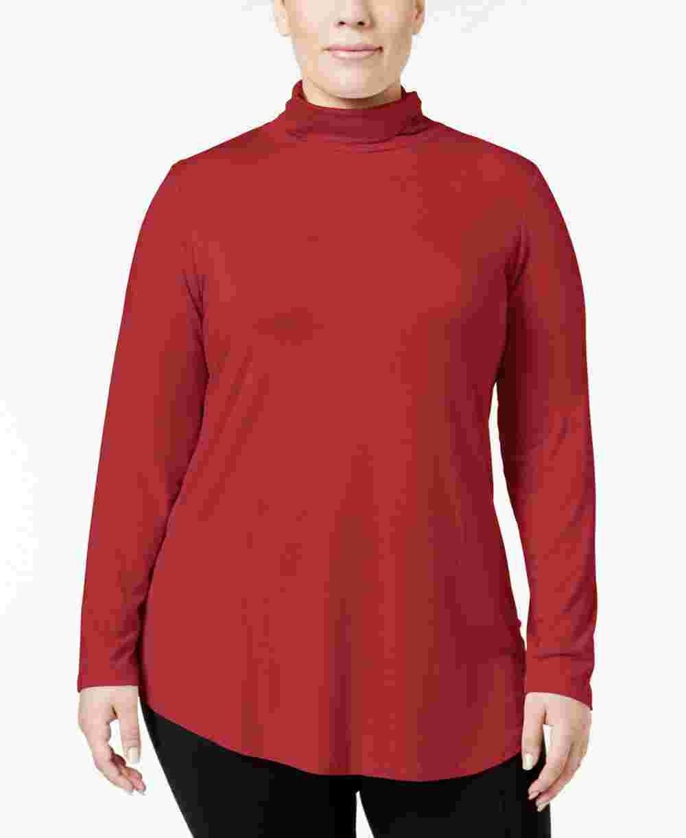 JM Collection Women's Red Solid Long Sleeve Turtle Neck Blouse Top Red Size 2X