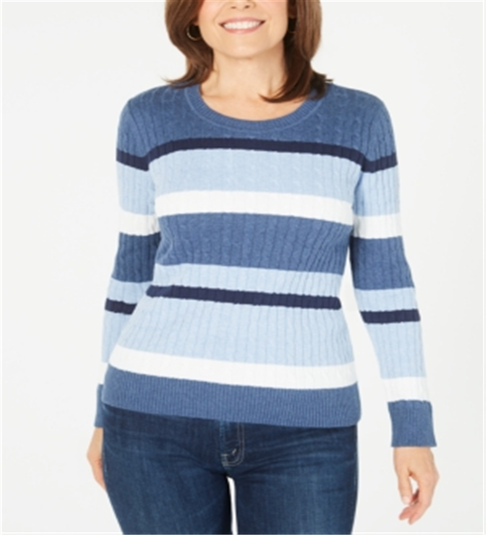 Karen Scott Women's Cotton Striped Cable Knit Sweater Blue Multi Size Petite S