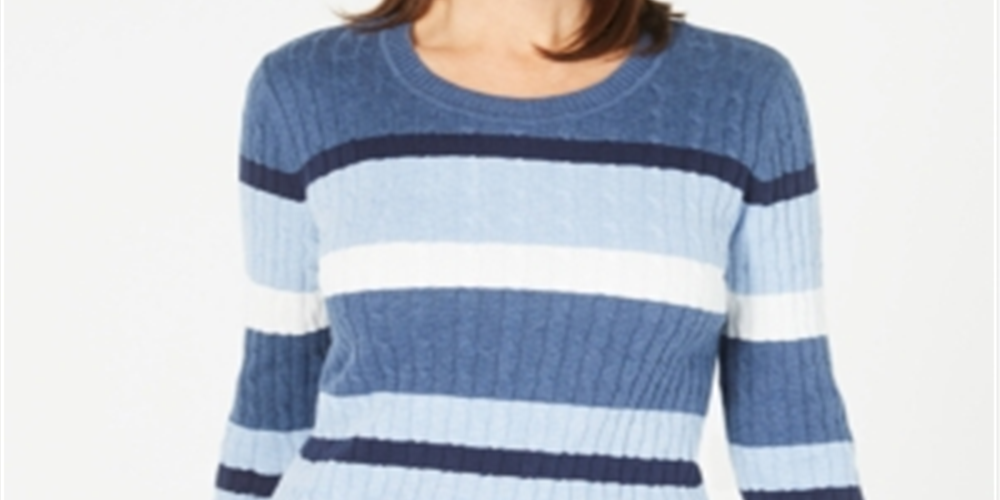Karen Scott Women's Cotton Striped Cable Knit Sweater Blue Multi Size Petite S