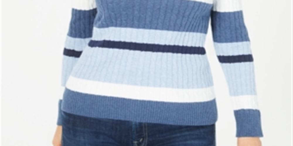 Karen Scott Women's Cotton Striped Cable Knit Sweater Blue Multi Size Petite S