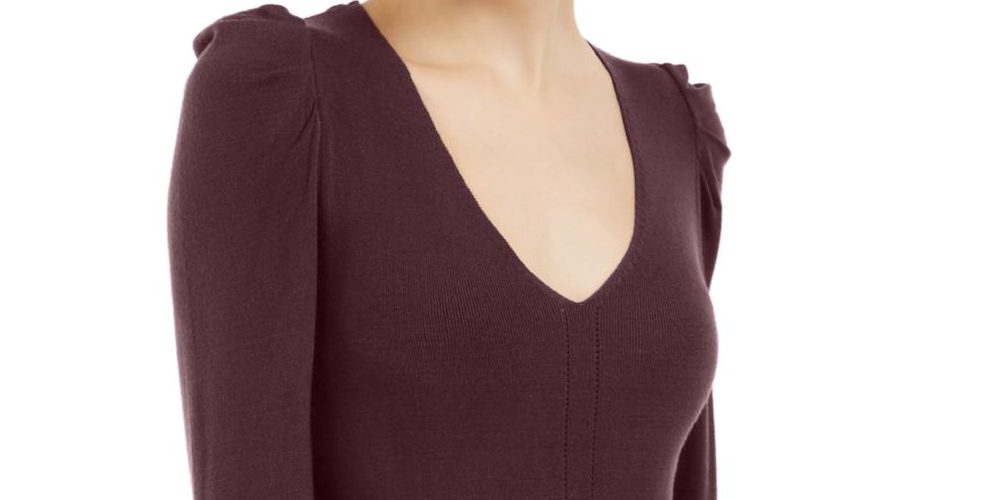 INC International Concepts Women'sV Neck Puff Sleeves Tunic Sweater Red Size Petite Small