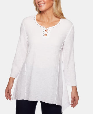 Alfred Dunner Women's In The Studded Lattice Trim Top White Size Petite X-Large