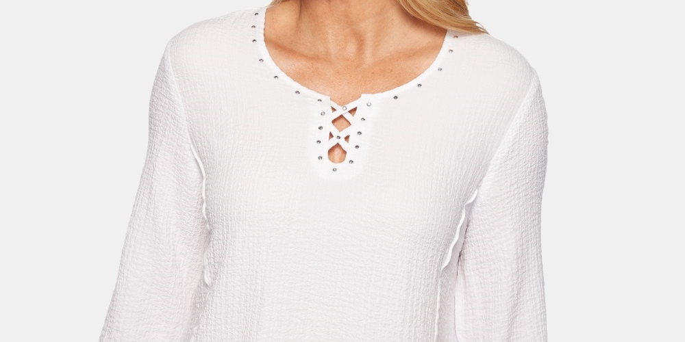 Alfred Dunner Women's In The Studded Lattice Trim Top White Size Petite X-Large