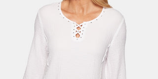 Alfred Dunner Women's In The Studded Lattice Trim Top White Size Petite X-Large