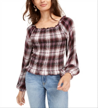 American Rag Junior's Printed Smocked Poet Sleeved Blouse Red Size Medium