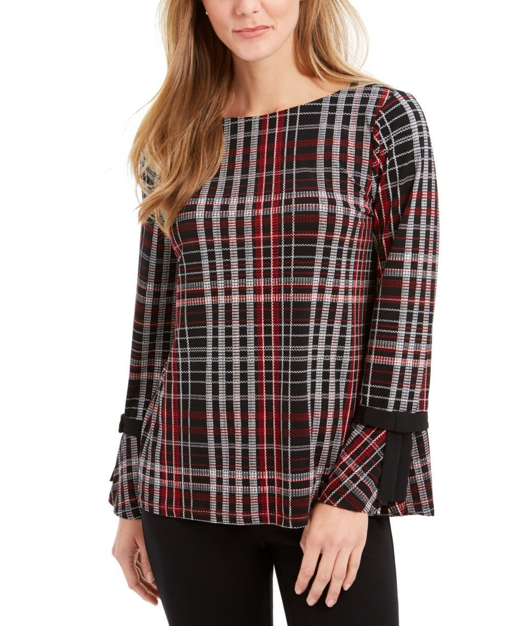 Charter Club Women's Plaid Contrast Trim Top Black Size Large