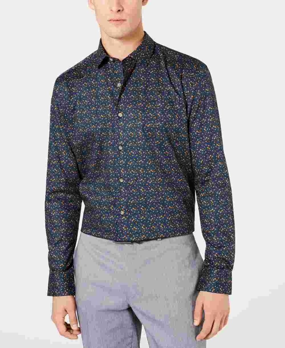 Bar III Men's Easy Care Graphic Collared Slim Fit Cotton Dress Shirt Blue Size 15.5X32-33