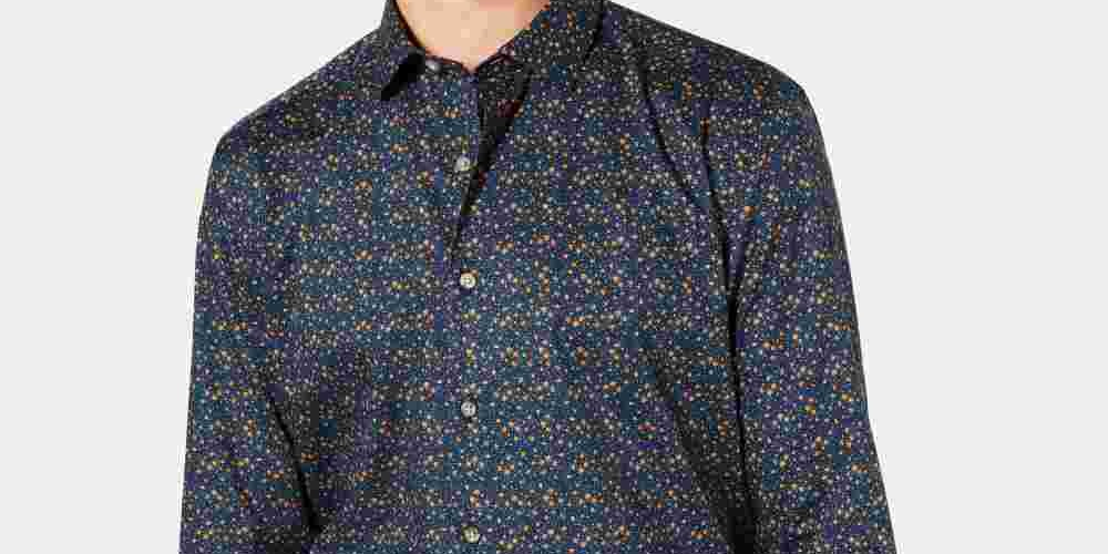 Bar III Men's Easy Care Graphic Collared Slim Fit Cotton Dress Shirt Blue Size 15.5X32-33