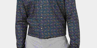 Bar III Men's Easy Care Graphic Collared Slim Fit Cotton Dress Shirt Blue Size 15.5X32-33